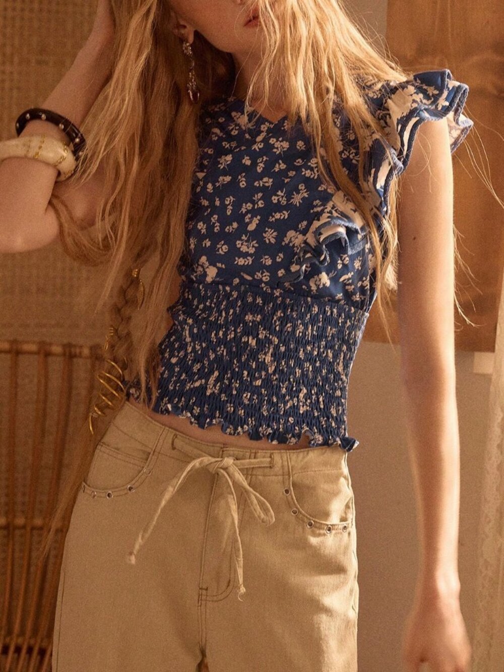 Blue Boho Women's Printed Ruffle Waist Vacation Top - Picture 3 of 7
